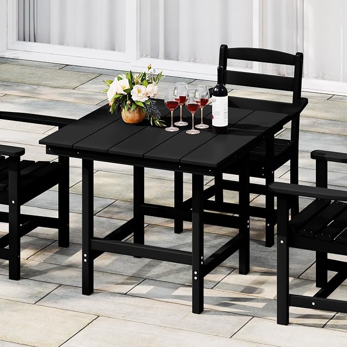 Costaelm Outdoor Patio Table, Outdoor Dining Table for 4, Weather Resistant Square Patio Table with Umbrella Hole for Garden, Poolside, Porch, Black