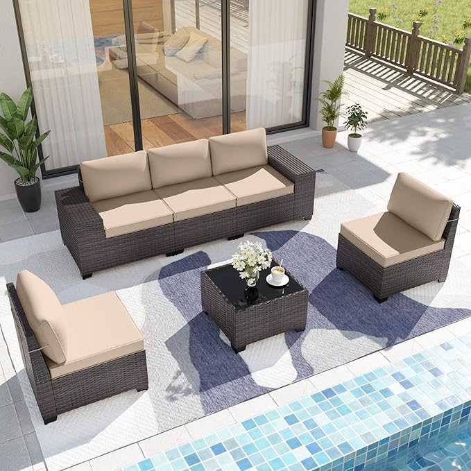 Patio Furniture Set Sofa 6-Pieces Wicker Sectional Sofa Set, Outdoor Furniture Rattan Patio Conversation Set with Thickened Cushion and Glass Coffee Table, Sand