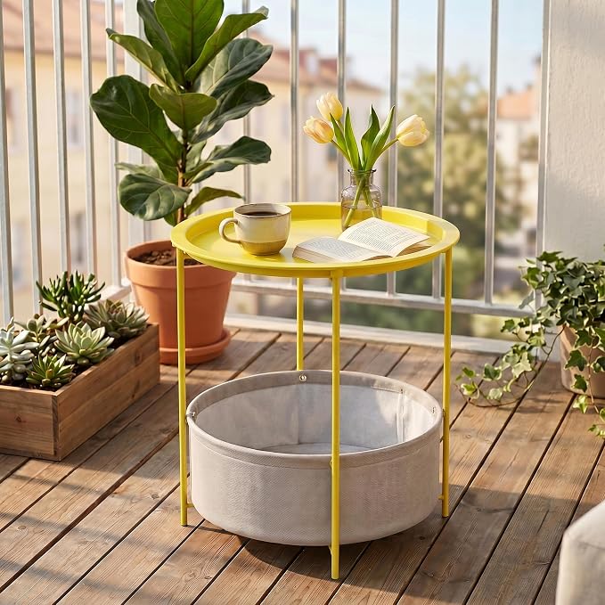 VECELO Round Side/End Table with Fabric Storage Basket，Metal Anti-Rust and Waterproof Small Bedside Nightstand with Removable Tray Top for Living Room，Balcony & Laundry，Yellow /2pcs with Basket