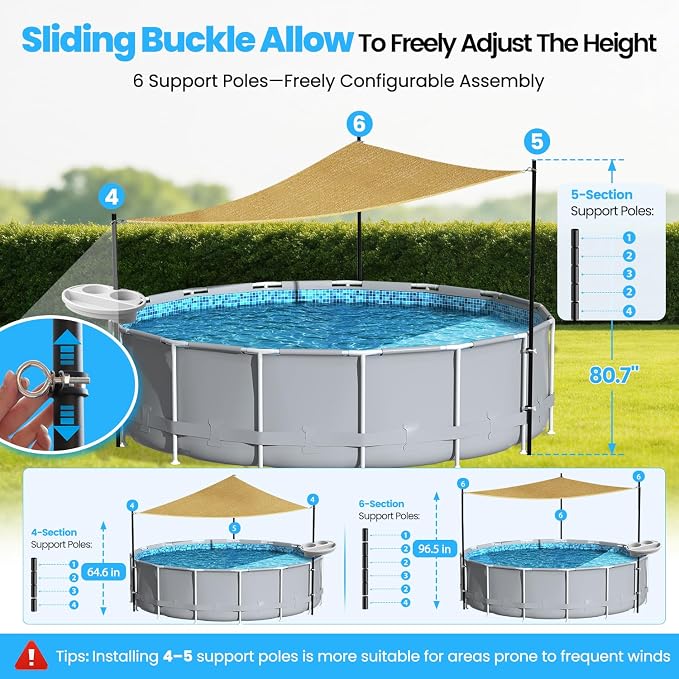 Above Ground Pool Canopy Sunshade Set with Storage Tray - Pool Shade Sail Triangular 13'x13'x13' for 15-22 FT Pools, UV-Resistant Shade Cloth, Swimming Pool Awning Cover for Deck, Patio, Garden