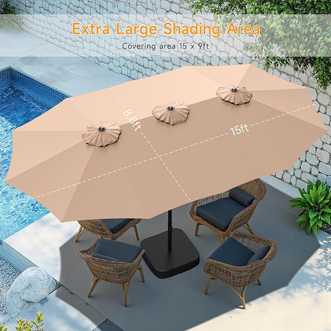 ONBRILL 15ft Patio Umbrella with Base Included, Extra Large Shade Area, Double Sided Rectangle with Crank Handle for Poolside, Garden, Yard, Beige