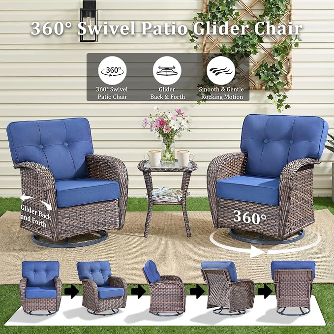 Patio Furniture Set, 5PCS Outdoor Wicker Conversation Set, High Back Rattan Sofa & Swivel Rocker Chairs, Weather Resistant Olefin Fabric for Garden, Poolside Brown/Blue