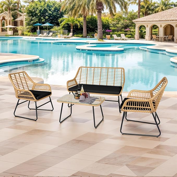 4 Piece Outdoor Wicker Patio Conversation Bistro Set, Rattan Patio Furniture Set with Table and Cushions, Conversation Loveseat Chairs for Backyard, Balcony, Black