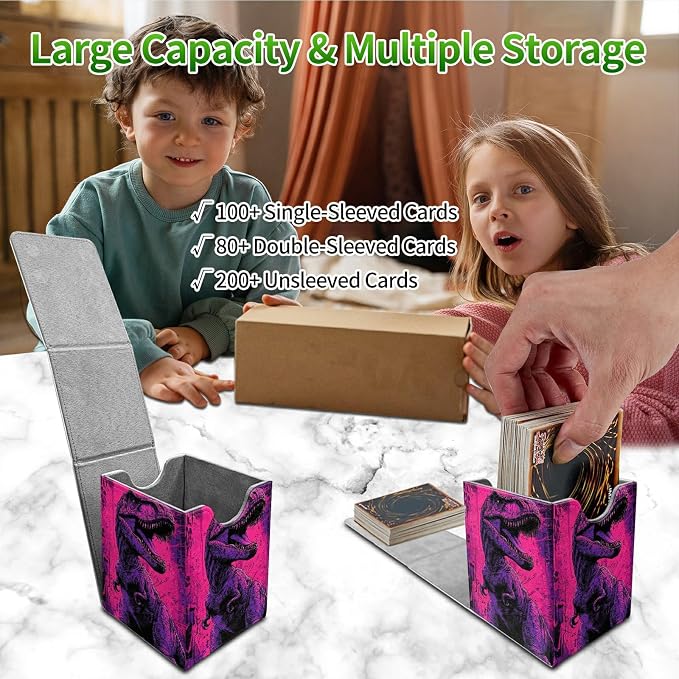 Pink Dinosaur Card Deck Box for MTG, Personalized Card Storage Case Fits 120+ Sleeved Cards, Premium Leather TCG Box with Strong Magnetic Closure for Magic, CCG, PTCG, Baseball Cards