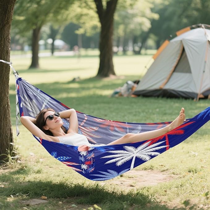 Patriotic USA Flag Palm Tree Hammocks with Tree Straps Rope Hammock for Indoor Outdoor Patio