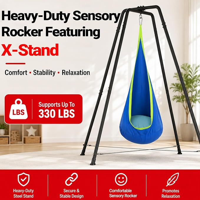 Sensory Pod Hammock with Stand, X-Shaped Anti-Tip Base, Kids Indoor Nest, Outdoor Hanging Chair, Heavy-Duty Steel Frame, Secure 330LBS Comfort, Adults Calm Relax, Family Rooms Gardens Backyards, Blue