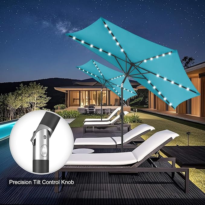 FLAME&SHADE 9 FT Solar Half Patio Umbrella with 25 LED Lights, Half Outdoor Umbrella with Button Tilt, Half Round Table Umbrella For Deck, Backyard, Balconies, Decks, Rvs, UV Protection (Aqua Blue)