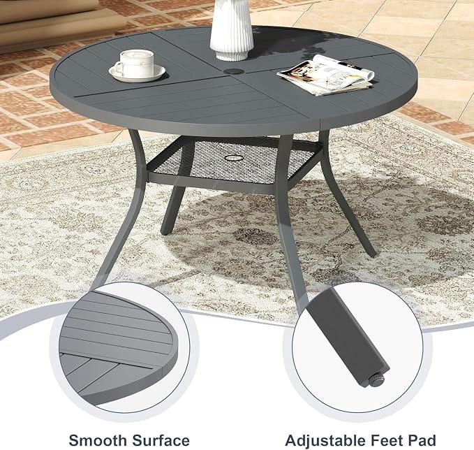VICLLAX 5 Pieces Patio Outdoor Dining Set, 4 Swivel Textilene Chairs and 47.2" Round Metal Table with Umbrella Hole for Porch, Deck, Garden, Dark Gery/Grey