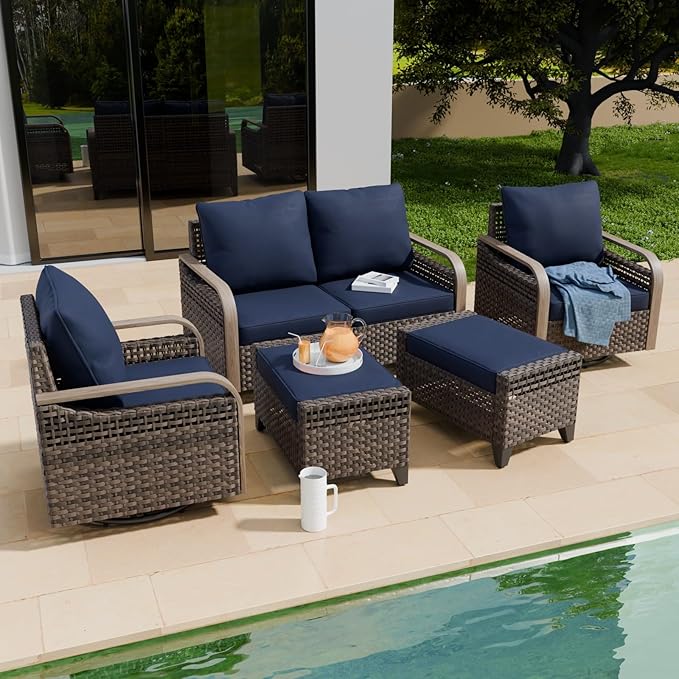 COOS BAY Modern Wicker Outdoor Furniture Set, 5 Piece Patio Conversation Set with 2 Swivel Rockers, a 3 Seat Couch and 2 Ottomans, 5 Piece, Brown/Blue