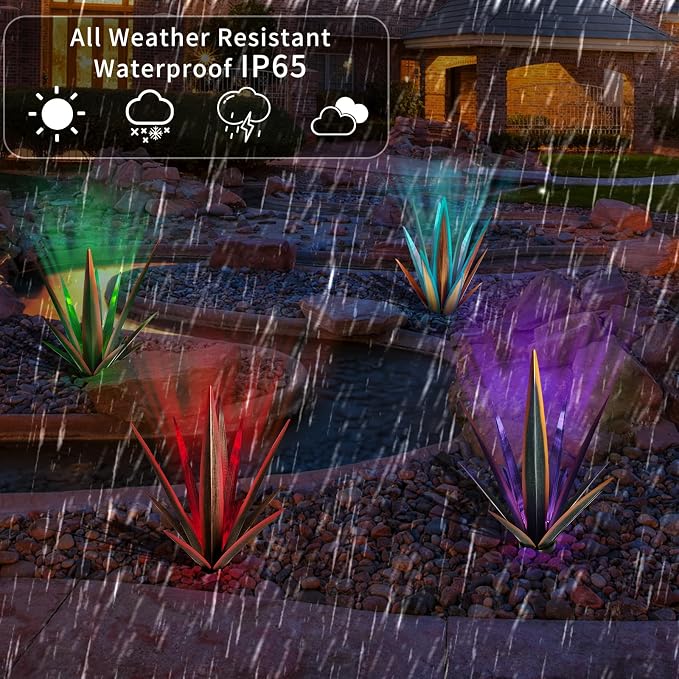 KODIBO 24" Large Metal Agave Plant Outdoor Decor with Solar Light, Black | Waterproof Solar Garden Light, Rust-Resistant Metal, Hand-Painted Finish, Tequila Rustic Sculpture, Desert Steel Yard Art