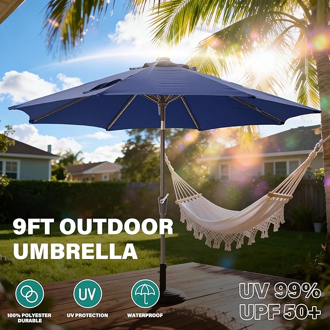9FT Solar-Powered LED Patio Umbrella with Tilt Crank,Outdoor Market Umbrella with 32 Lights,Sunshade for Deck, Garden and Pool