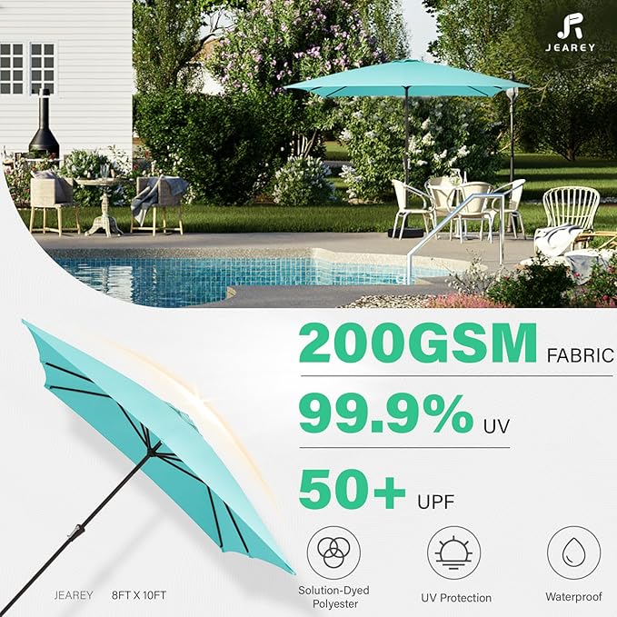 JEAREY 8x10 ft Rectangular Patio Umbrellas Outdoor Table Market Umbrella w/Crank, 8 Sturdy Ribs, UV Protection Windproof Sunproof for Garden, Deck, Backyard, Pool(Teal Blue)