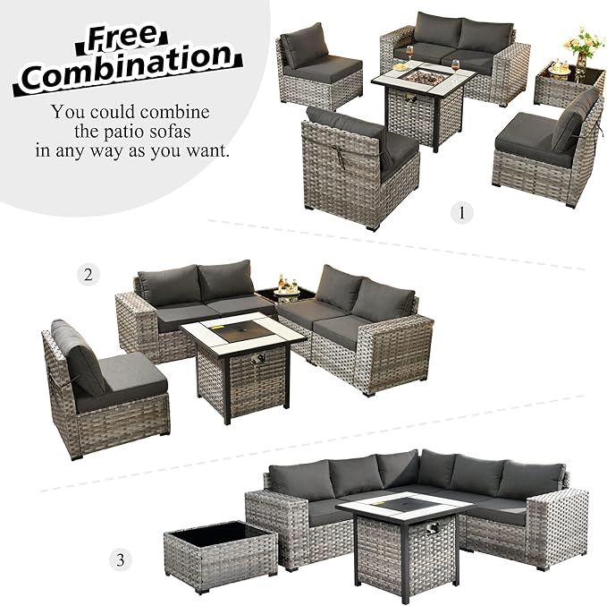 HOOOWOOO Outdoor Patio Sectional Furniture Sofa Set with Propane Gas Fire Pit Table,7 Piece Small Modern Wicker Couch with Widened Armrest,Modular Conversation Seating Set for Out Door(Black)
