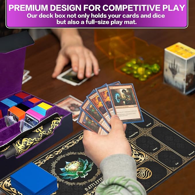 PROMAXIBINDER Trading Card Storage Box Fits 4000+ Cards, 4-Row MTG Commander Deck Case with Playmat, 6 Movable Partitions 24 Dividers PU Leather Magnetic Closure, Magic/TCG/YuGiOh/Sport (Black&Purple)