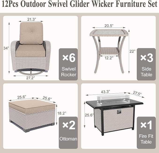 12-Piece Patio Furniture Set, Outdoor Swivel Rocking Chairs Set with 55,000 BTU Fire Pit Table,All Weather Conversation Set for Porch Poolside Balcony