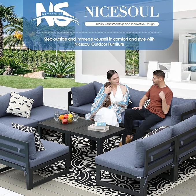 NICESOUL 8 Piece L Shaped Modern Aluminum Outdoor Patio Furniture Set, 29" Wide Deep Sitting, Large Fade Resistant Modular Sectional Sofa, 500 lbs Sturdy Comfy Conversation Set for Garden, Denim Blue