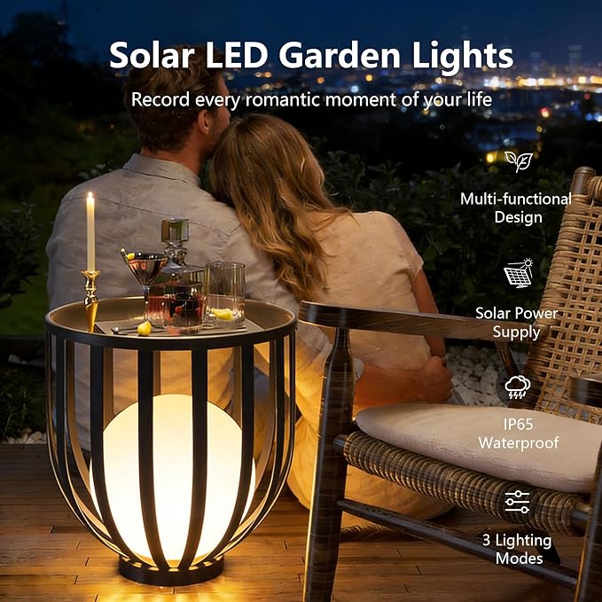Outdoor Solar Side Table, Built-in LED Ball Light,Remote Control and Portable Solar Panels,Suitable for Outdoor Spaces Such as courtyards and Gardens
