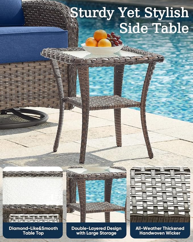 Patio Side Table Outdoor End Tables with Tempered Glass Top - 2-Tier Storage Wicker Side Tables for Outside Furniture Wicker Rocking Swivel Chairs in Porch Deck Yard Garden - Brown