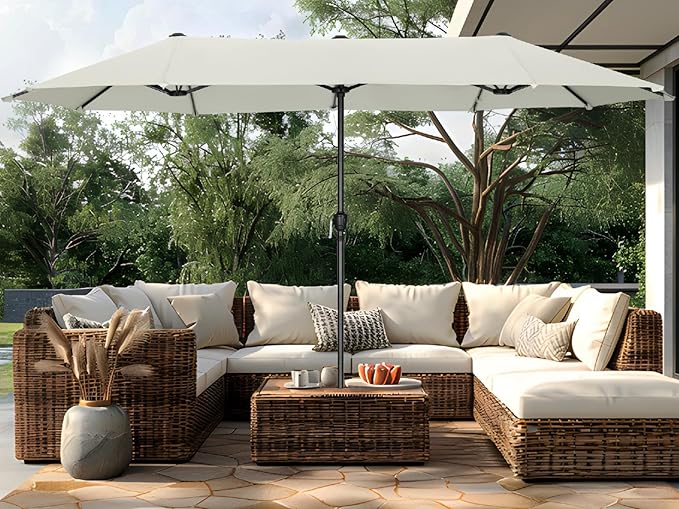 PHI VILLA 13ft Large Patio Umbrellas, Double-Sided Outdoor Market Rectangle Umbrella for Outside, Ivory