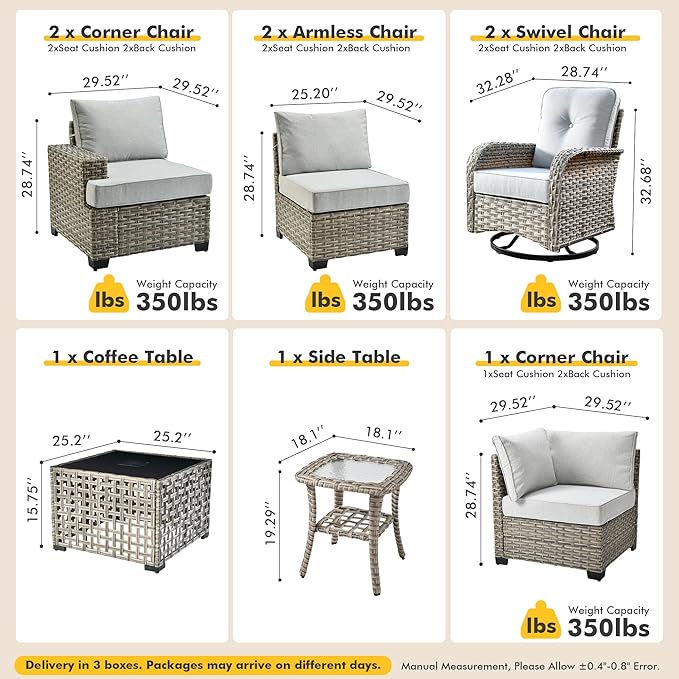 9 Pcs Outdoor Sectional Patio Furniture Set with Swivel Rocking Chair - All Weather Wicker Modular L Shaped Outside Sectional Couch,Patio Seating Outdoor Conversation Sets for Deck Yard,Grey