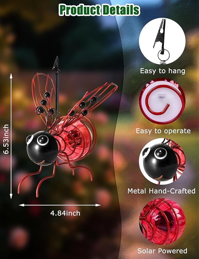 Solar Bees Lights Outdoor, 2026 New Hanging Bee Solar Garden Light,IP44 Waterproof,Outdoor Statues Figurine Lights Decorations for Balcony,Garden,Porch,Courtyard Decoration (Red 2Pcs)