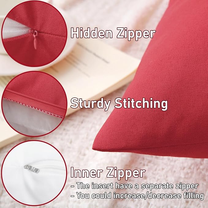 20 x 20 Inch Throw Pillow for Outdoor Seating, Waterproof Lumbar Pillows with Insert, Square Decorative Garden Cushion for Couch Patio Sofa Home Furniture (Red, 20" x 20" (Pack of 2))