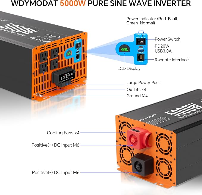 5000W Pure Sine Wave Inverter,48V DC to 120V AC Car Power Inverter 10000W Peak with 4 AC Outlets, 3.0A USB and Type-C, LCD Display 16.5 ft Remote Control for RV Truck Travel Solar Emergency