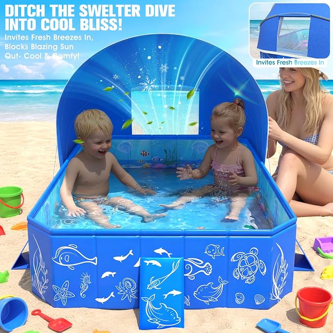 FizZeal Kiddie Pool with Canopy,Baby Swimming Pool for Toddler,Non-Inflatable Portable Pool for Kid,Foldable Toddler Pool with Shade,Kids Pool for Backyard.Outdoor Pop Up Kiddie Beach Pool 51"x38"x31'