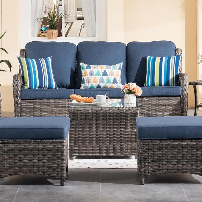 ovios Outdoor Side Table with Tempered Glass Top, Patio Wicker Coffee Table, Rattan Bistro End Table for Porch Deck Balcony Garden Poolside, Grey