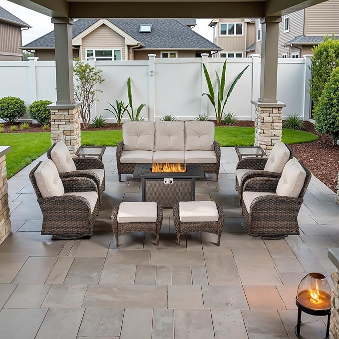 Belord Expansive 10 Pieces Outdoor Patio Furniture Set with 43” Propane Fire Pit Table, Patio Conversation Set with Swivel Rocker Outdoor Chairs Set of 4 and Sofa, Ottoman and Wicker Side Table Brown