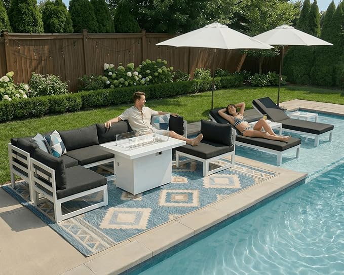 NICESOUL 11 Pcs Oversized Modern Aluminum Patio Furniture Set, All Weather Modular Sectional Sofa with Lounger & Fireplace, 500 lbs Heavy Duty Comfortable Outdoor Couch for Poolside Backyard, Black