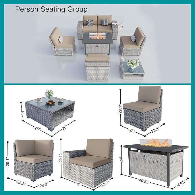 7-Piece Patio Furniture Set, Outdoor Extra Wide Armrest Modular Patio Sofa with Fire Pit Table, Dual-Strand Rattan Wicker High Back Large Seat Furniture for Backyard Porch Garden Balcony, Khaki