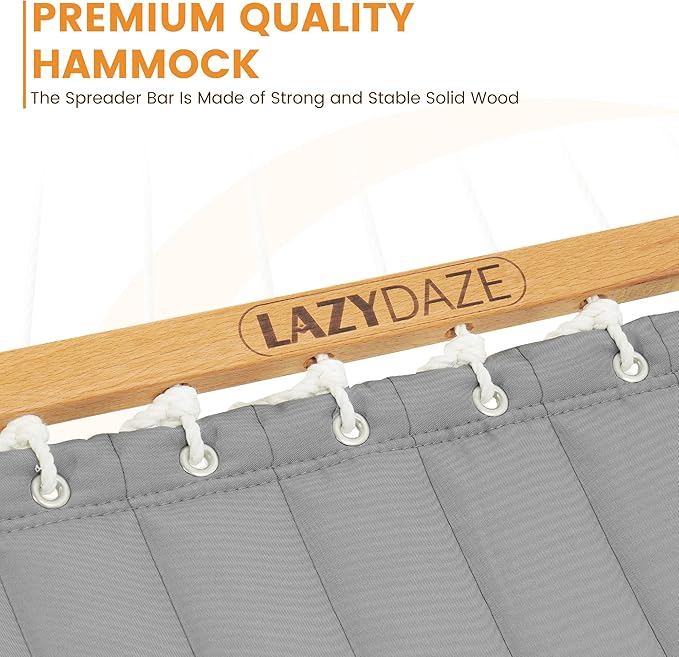 Lazy Daze Hammocks 12 FT Double Quilted Fabric Hammock with Spreader Bar and Detachable Pillow, 2 Person Double for Outside Patio Backyard, 450lbs Capacity, Light Gray