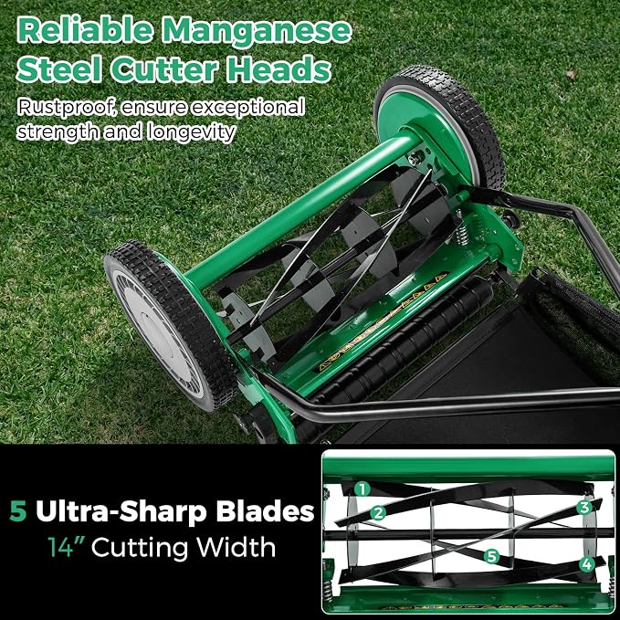 Push Lawn Mower, 14" Manual Rear Mower with 5 Steel Blades, Adjustable Cutting Heights & Grass Catcher Bag, Walk-Behind Grass Cutter Lawn Sweeper for Garden, Park & Yard (Green)