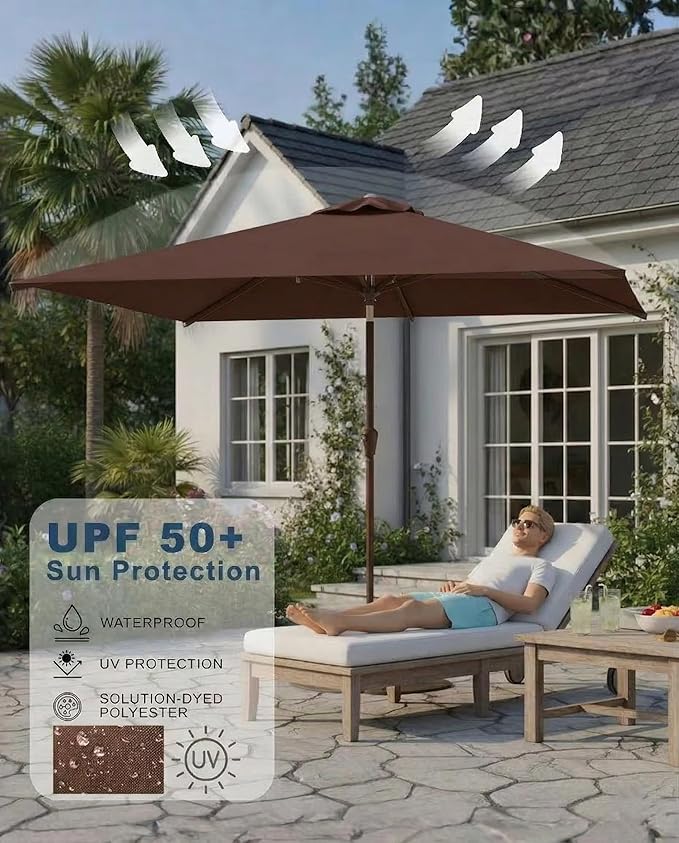 6.5x10FT Patio Umbrella, Outdoor Umbrella with Push Button Tilt and Crank, 8 Sturdy Ribs, UV Protection & Waterproof Market Umbrella for Pool, Backyard, Beach,Deck (Brown)