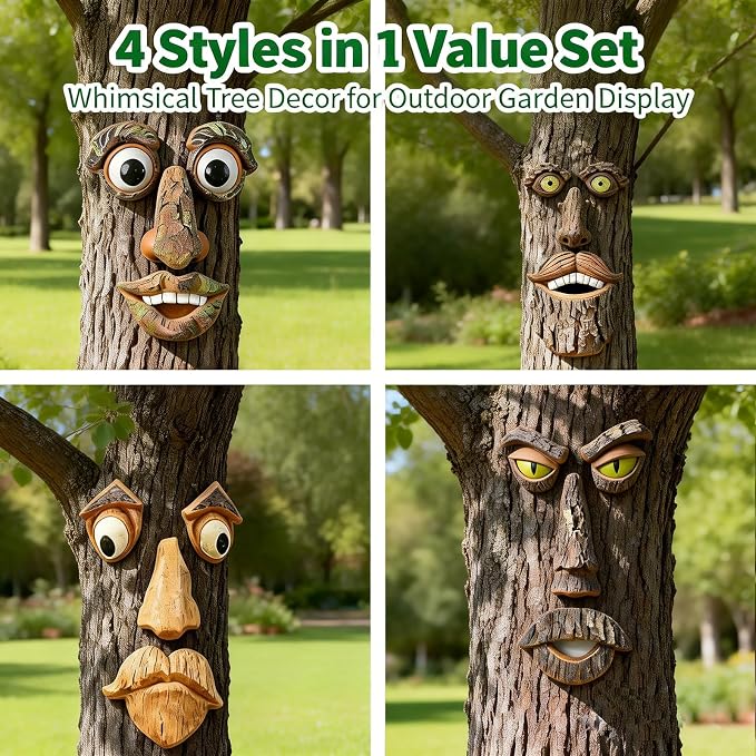 4 Pack Tree Faces Decor Outdoor, Large Whimsical Old Man Tree Hugger Statues, Resin Tree Art for Garden Yard Patio, Funny Tree Peeker Sculptures for Halloween Easter