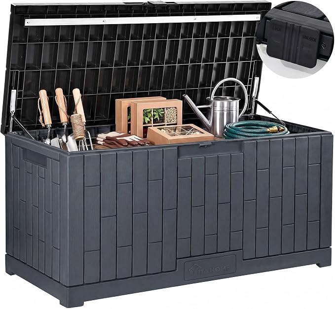 YITAHOME Large Deck Box 120 Gallon Resin Outdoor Storage Box with Slide-Locking Lid, Patio Storage Bin Bench Seat for Outdoor Pillows, Garden Tools and Pool Supplies, Waterproof Lockable, Dark Gray
