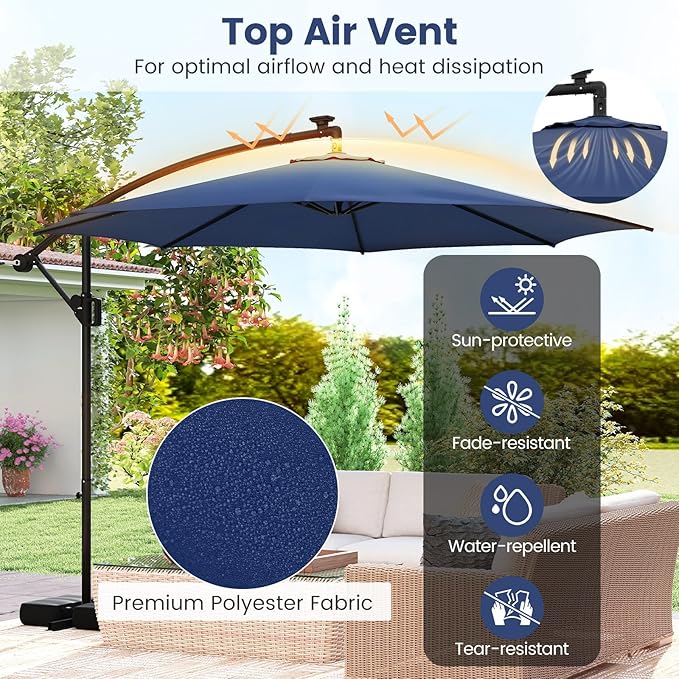 Tangkula 10 FT Solar Patio Umbrella with Base Included, Cantilever Offset Hanging Outdoor Umbrella with 96 Multi-Colored Flowing LED Lights, 9 Modes, Tilt Adjustment, 360° Rotation, Crank for Pool Yard Deck Lawn (Navy)