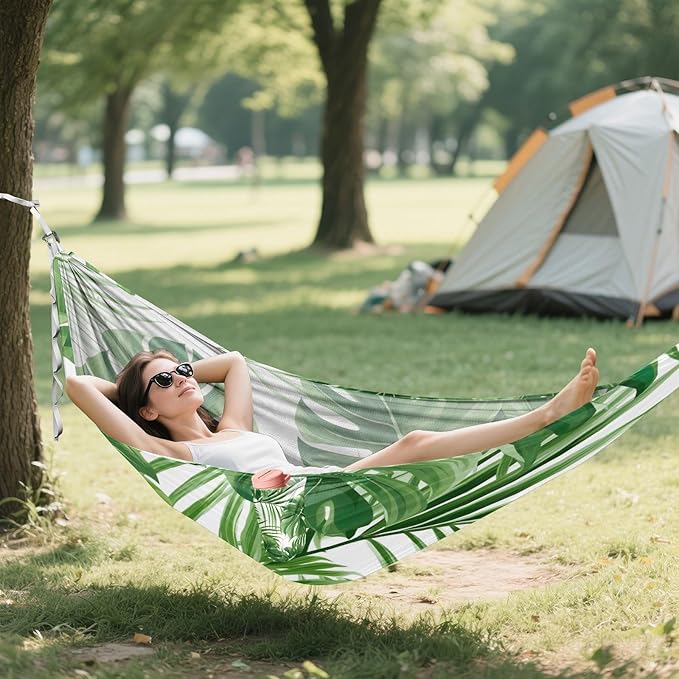 Qilmy Green Leaf Camping Hammock Single – 330 lbs Capacity, Lightweight with Tree Straps & Carabiners, Portable for Hiking, Travel, Backpacking