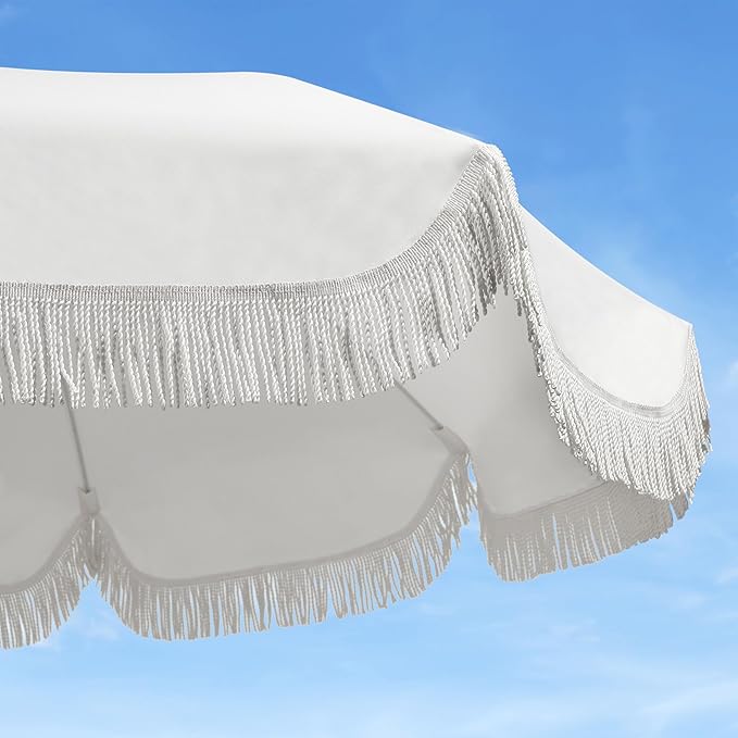 Seazul 6.5ft Patio Umbrella with Fringe, Beach Umbrella, Fringe Umbrella Outdoor Patio with Hanging Hook, Tilting Aluminum Pole, UV 50+, Fiberglass Ribs, Elegant Cream