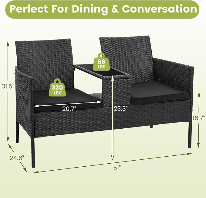 KROFEM Wicker 2-Seat Patio Conversation Sets, Outdoor Rattan Loveseat with Side Table and Removable Soft Cushion, Perfect for Backyard, Garden and Lawn, Black