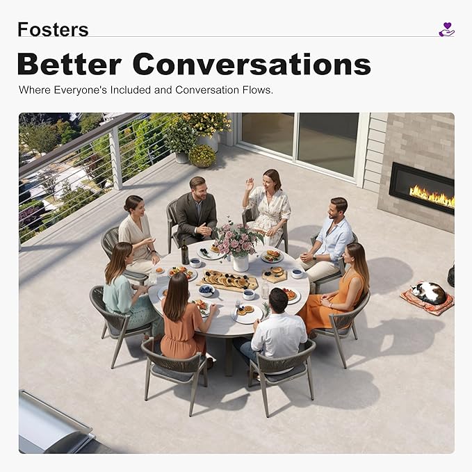 PURPLE LEAF 9 Pieces Round Dining Set Aluminum Frame and Wicker Rattan Patio Table and Chairs with Cushions for Backyard Garden Deck Grey