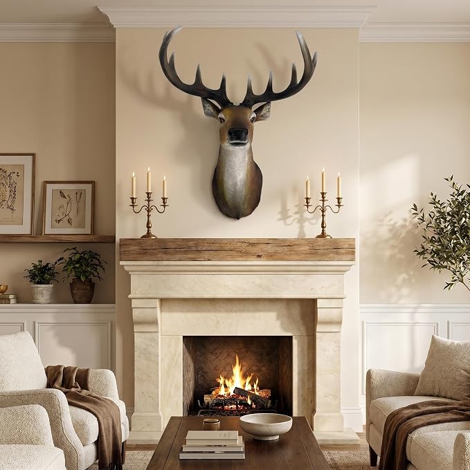 Deer Head Wall Decor, 19 Inch Large Stag Buck Horns | Faux Taxidermy, 3D Resin, Lifelike Wildlife Statue, For Living Room Cabin Hunting Lodge Man Cave