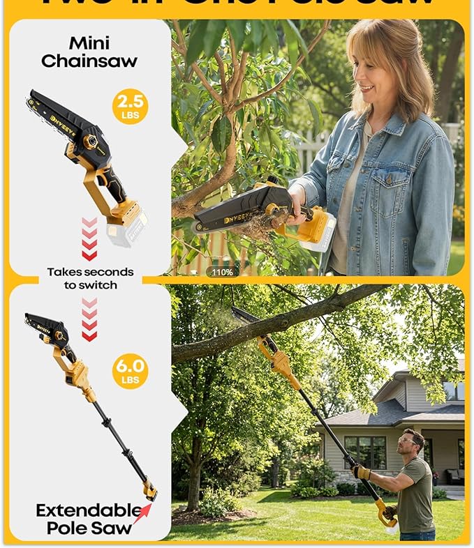 8-Inch Cordless Pole Saw for Tree Trimming, Compatible with DeWalt 20V Max, 15.6FT Extendable 2-in-1 Mini Chainsaw & Tree Trimmer, 800W Brushless [Tool Only - No Battery]