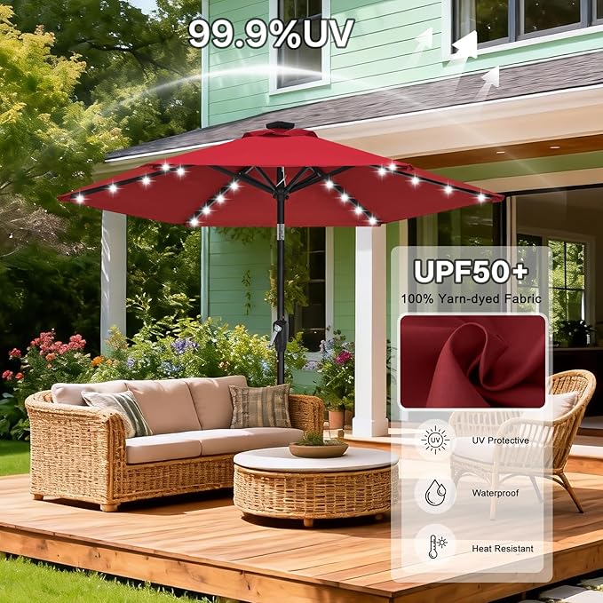 ABCCANOPY Durable Solar Led Patio Umbrellas with 24LED Lights 7.5FT with 6 Sturdy Ribs (Burgundy)