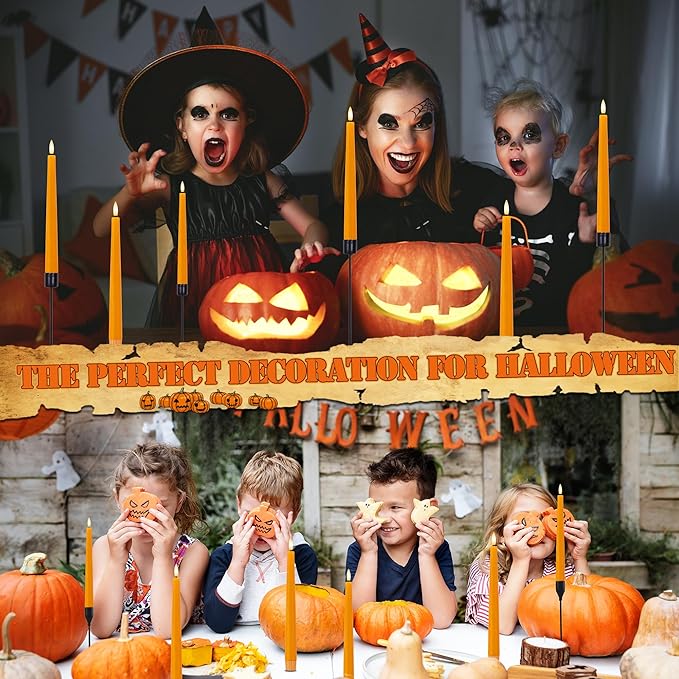 Orange Flameless Taper Candles, 9.6" Halloween Battery Operated Candles with Remote, Real Wax Fall Led Candle, Flickering Flameless Candlesticks for Fall, Thanksgiving, Harvest, Halloween Decor, 3 Pcs