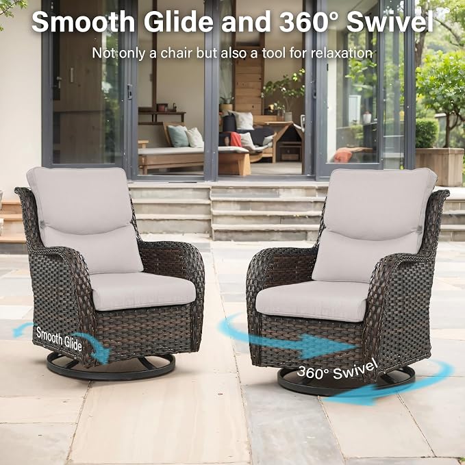 Outdoor Swivel Rocker Patio Chairs Set of 4 with Sofa - 5" Thick Cushion 4 Piece Furniture Set with Sofa All Weather Wicker Conversation Set for Porch Deck - Brown Wicker | Beige Cushions