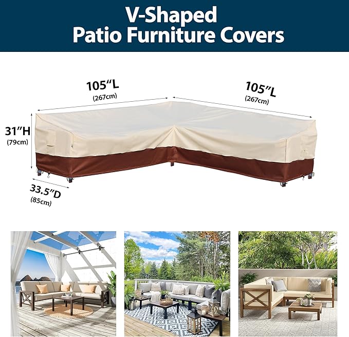 Outdoor Sectional Cover-V-Shaped Patio Furniture Covers Waterproof Rip-Stop Anti-UV 600D Heavy Duty Outdoor Couch Cover 110''L (110''L) 32''D 31''H Beige & Reddish Brown