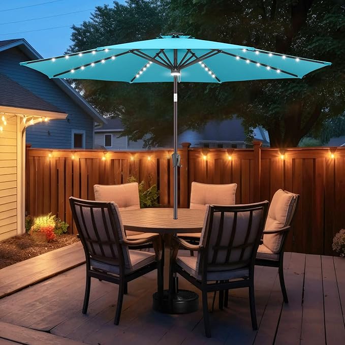 FLAME&SHADE 10 FT Solar Light Patio Umbrella, 40 LED lights outdoor umbrella with Centre Surround Light, Table Market Umbrella for Deck, Pool, Porch, Backyard, Garden, UV Protection, Aqua Blue