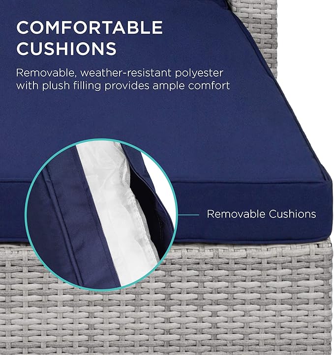 Best Choice Products 5-Piece Modular Conversation Set, Outdoor Sectional Wicker Furniture for Patio, Backyard, Garden w/ 3 Chairs, Ottoman Chair, 2 Pillows, 6 Seat Clips, Coffee Table - Gray/Navy